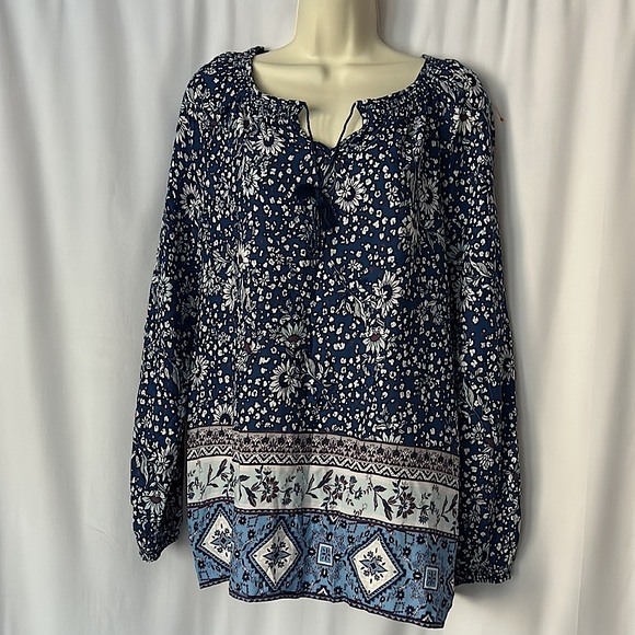beachlunchlounge Tops - Beachlunchlounge Cute Boho Blue Floral Long Sleeve Shirt Top **Size S** 🌸🌸